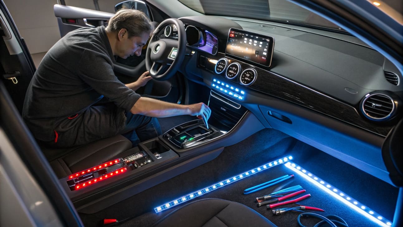 person installing LED light strips