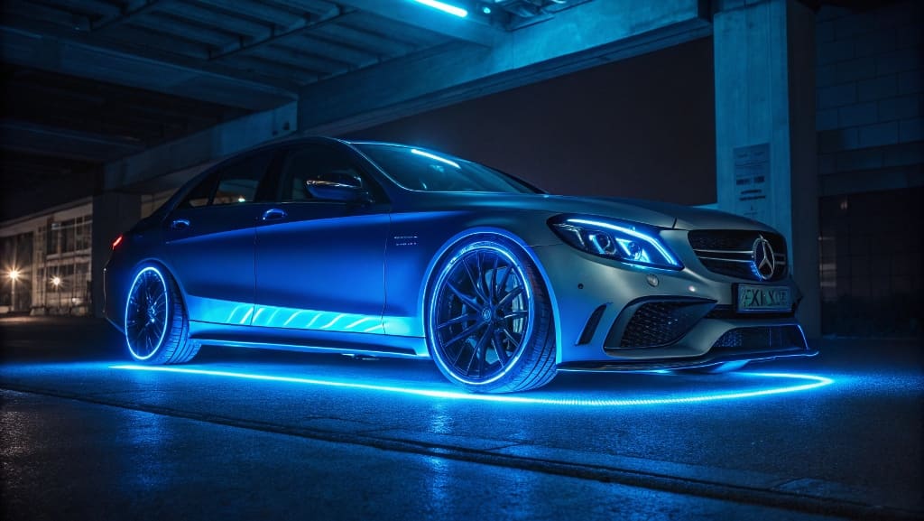 Car with blue LED exterior lights