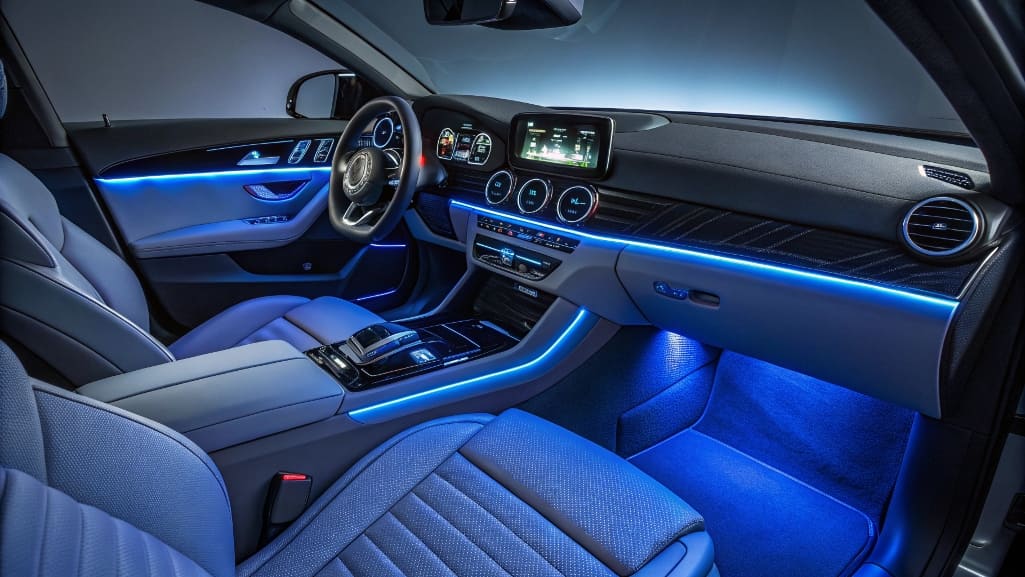 Blue LED ambient lighting inside a car