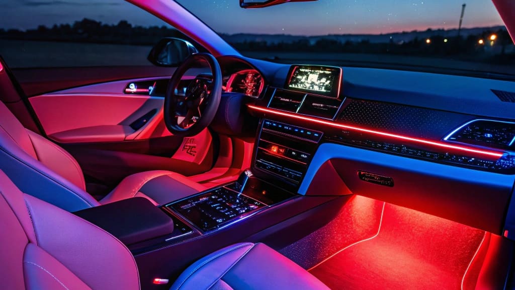 Car interior with red and blue LED lights